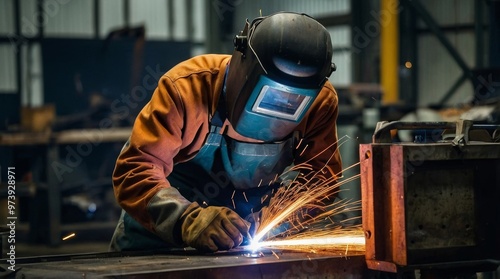 Professional industrial welder welding metal