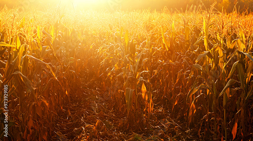 Corn stalks standing tall in the field, with rows of golden ears visible photo