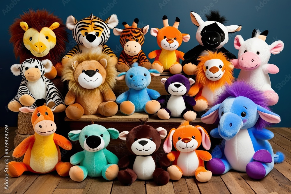 Naklejka premium Vibrant Assortment of Plush Zoo Creatures in Soft and Furry Styles