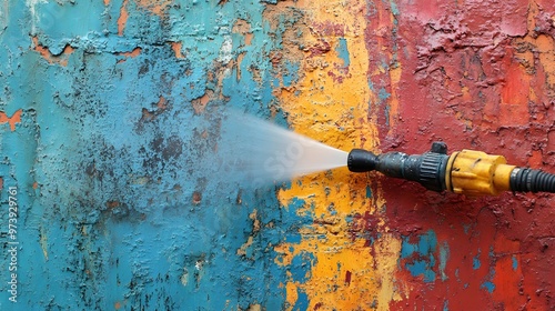 Slimy wall being stripped clean by a power washer, vivid colors emerging from the dirty surface, showcasing the power of transformation