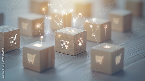 Online shopping symbols engraved on wooden blocks, representing payment options, shopping carts, and delivery status, connected by subtle glowing lines on a minimal light-colored background  photo