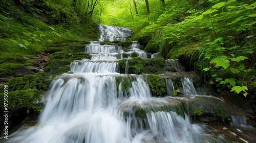 Lush Forest Waterfall, a serene cascade surrounded by vibrant greenery, sunlight filtering through leaves, creating a tranquil and refreshing natural oasis.