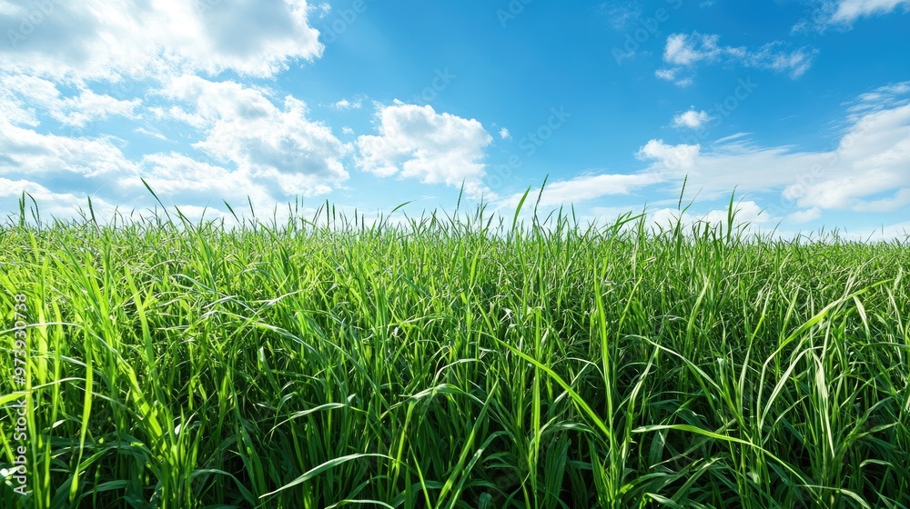 A field of lush green grass swaying gently in the breeze under a clear blue sky A field of lush green grass swaying gently in the breeze under a clear blue sky