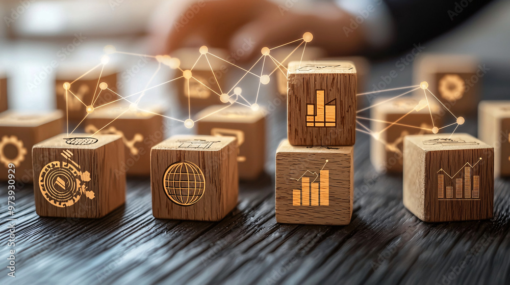 Wooden blocks engraved with financial asset icons like wealth management, stock charts, and bonds, connected by glowing networks, set against a smooth, minimal background Wooden blocks engraved with financial asset icons like wealth management, stock charts, and bonds, connected by glowing networks, set against a smooth, minimal background