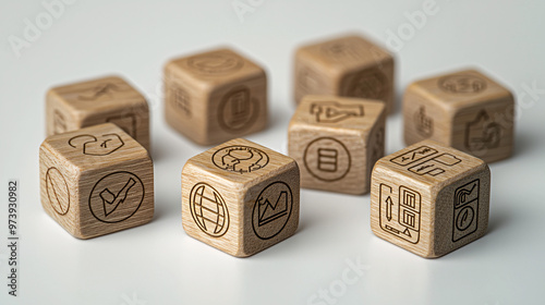 Wooden blocks engraved with financial icons such as cash flow, assets, and investments, interconnected with glowing points on a smooth, plain surface 