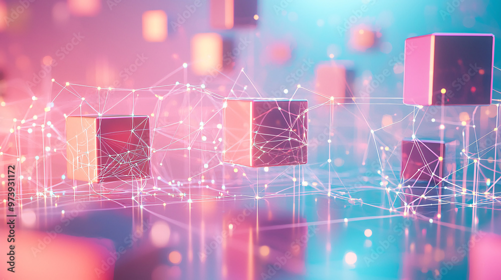 Obraz premium Abstract 3D cubes representing IoT and technology elements like wireless networks, digital platforms, and automation, connected by glowing lines on a plain pastel background