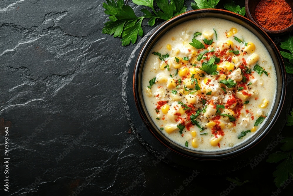 Creamy corn chowder with smoked paprika, placed on the right side of a dark stone table, professional overhead shot. Creamy corn chowder with smoked paprika, placed on the right side of a dark stone table, professional overhead shot.