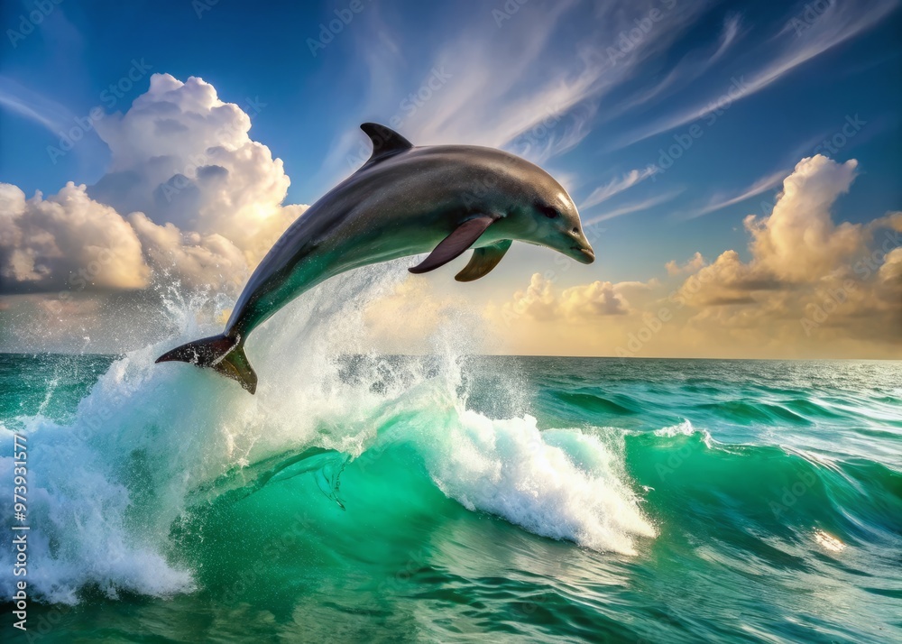 Fototapeta premium A sleek dolphin bursts out of turquoise ocean waves, its shimmering grey body arcing in mid-air, sunlight catching