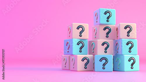 Stacked 3D cubes displaying question mark icons, symbolizing problem-solving and inquiry, arranged on a clean, smooth pastel background with glowing connection lines 
