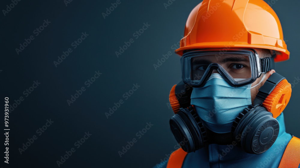 Portrait of an industrial worker wearing a hard hat, safety goggles, and a gas mask, emphasizing safety in hazardous environments. Portrait of an industrial worker wearing a hard hat, safety goggles, and a gas mask, emphasizing safety in hazardous environments.