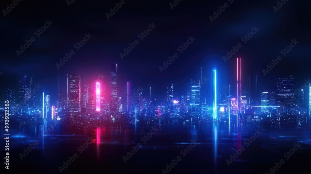 Futuristic city skyline illuminated with vibrant neon lights, creating a captivating urban atmosphere in a nighttime setting. Futuristic city skyline illuminated with vibrant neon lights, creating a captivating urban atmosphere in a nighttime setting.