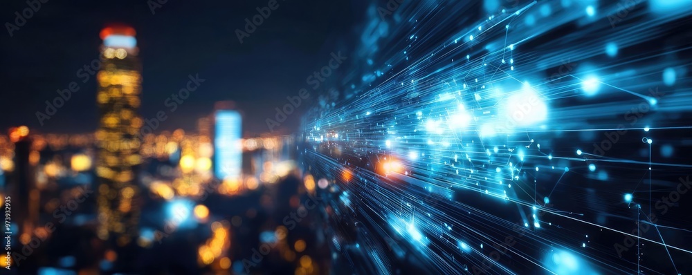 Dynamic cityscape at night with illuminated buildings and abstract light trails representing advanced technology and connectivity. Dynamic cityscape at night with illuminated buildings and abstract light trails representing advanced technology and connectivity.