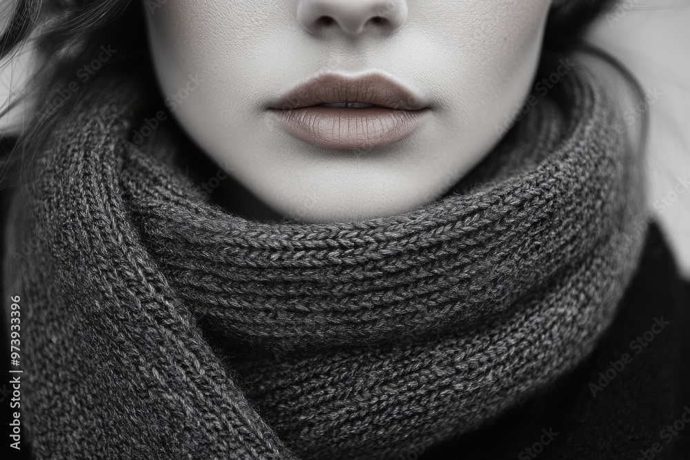 Close-up of lips with a textured scarf in monochrome shades Close-up of lips with a textured scarf in monochrome shades