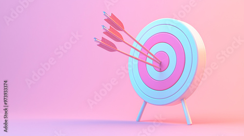 A 3D target icon, one side hit perfectly with arrows and the other completely missed, symbolizing successful versus failed marketing targeting, set on a plain pastel surface 