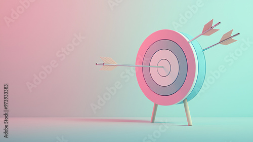 A 3D target icon, one side hit perfectly with arrows and the other completely missed, symbolizing successful versus failed marketing targeting, set on a plain pastel surface 