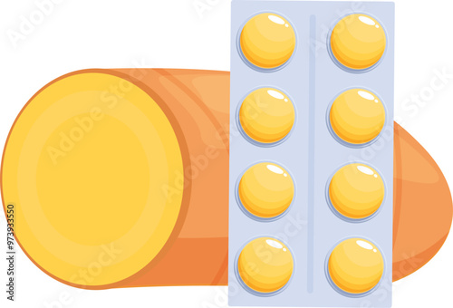 This vector illustration shows how beta carotene, found in carrots, can be taken as a supplement for its vitamin a benefits