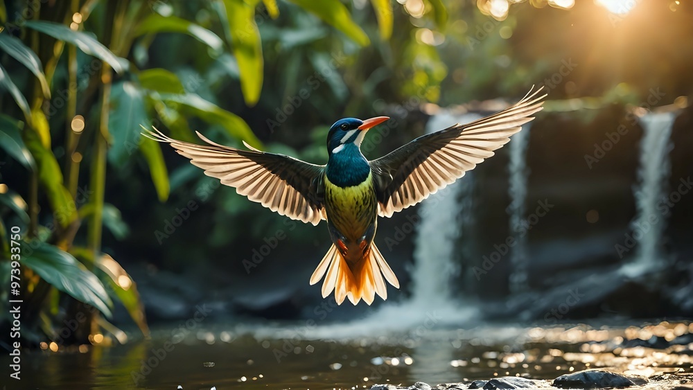 Obraz premium blue and yellow billed toucan,sunset in the mountains,garden with water, flowers in water