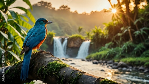 blue and yellow billed toucan,sunset in the mountains,garden with water, flowers in water