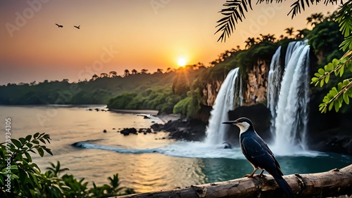 blue and yellow billed toucan,sunset in the mountains,garden with water, flowers in water