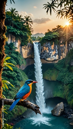 blue and yellow billed toucan,sunset in the mountains,garden with water, flowers in water