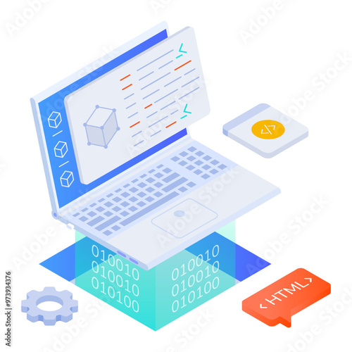 Code implementation icon designed in isometric style 