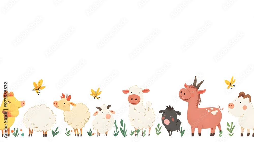 Obraz premium Cute Farm Animals with Butterflies in a Green Field