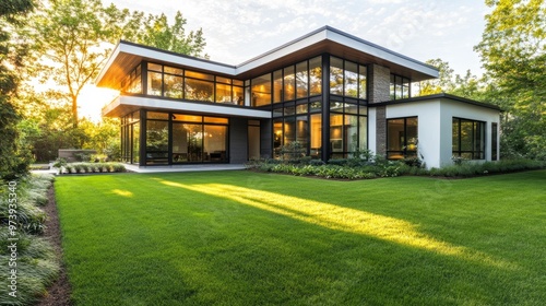 A modern house exterior with sleek, minimalist lines, large windows, and a lush green lawn under bright sunlight.