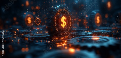 Digital background with money and gears, a digital world, web design, financial elements, futuristic, a blue color scheme, a digital space, money flying around, and a 3D render. with copy space. photo