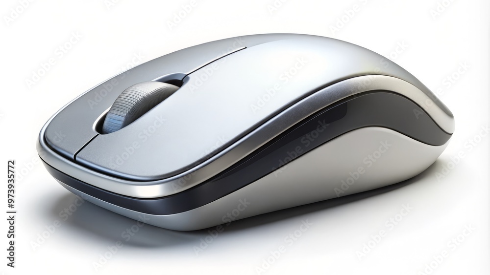 A sleek, modern computer mouse with a prominent, rounded sub-button on the side, isolated on a clean white A sleek, modern computer mouse with a prominent, rounded sub-button on the side, isolated on a clean white