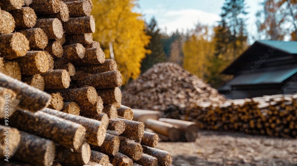 A large stack of biomass wood pellets, with a woodpile in the background. A large stack of biomass wood pellets, with a woodpile in the background.