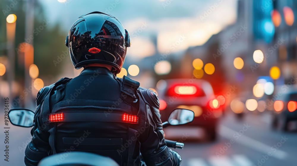 A motorcyclist in black gear rides through city traffic during evening rush hour, with blurred lights and cars in the background. A motorcyclist in black gear rides through city traffic during evening rush hour, with blurred lights and cars in the background.