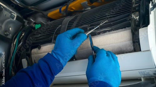 A technician in blue gloves working on an air conditioning unit, performing maintenance and inspections with tools and precision. photo
