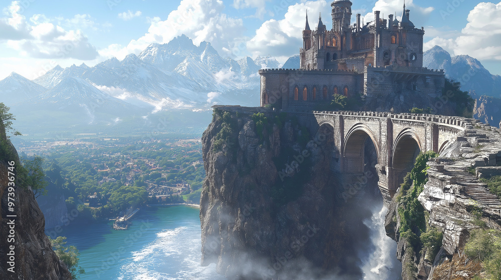 Fototapeta premium A fantasy castle perched on a cliff, with 3D effects adding depth to the stonework and surrounding landscape, creating a magical and epic setting