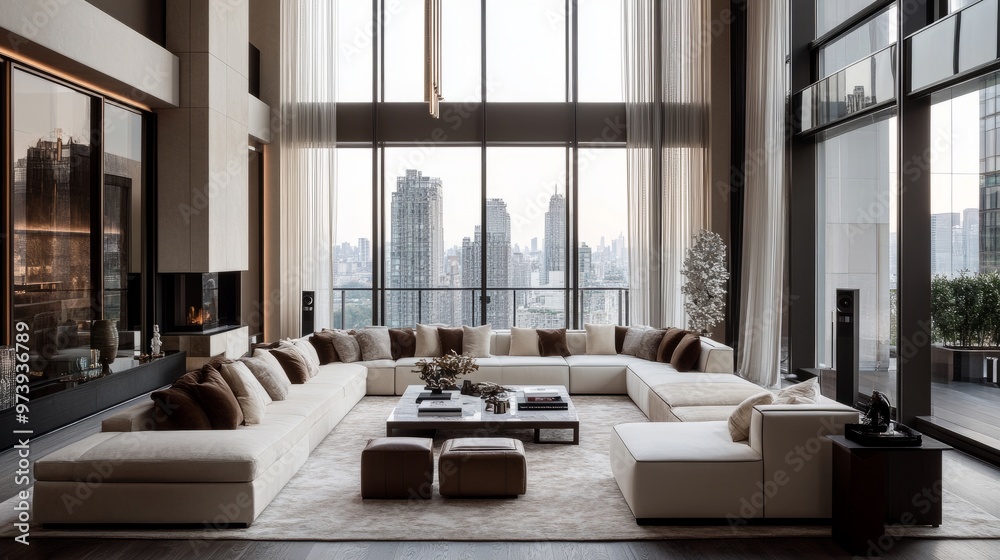 Contemporary luxury living room with floor-to-ceiling windows, modern furniture, and a statement chandelier for a high-end feel. Contemporary luxury living room with floor-to-ceiling windows, modern furniture, and a statement chandelier for a high-end feel.