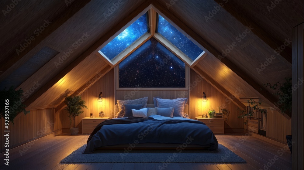 Cozy attic bedroom with slanted ceilings, wooden beams, soft lighting, and a view of the starry sky through a skylight Cozy attic bedroom with slanted ceilings, wooden beams, soft lighting, and a view of the starry sky through a skylight