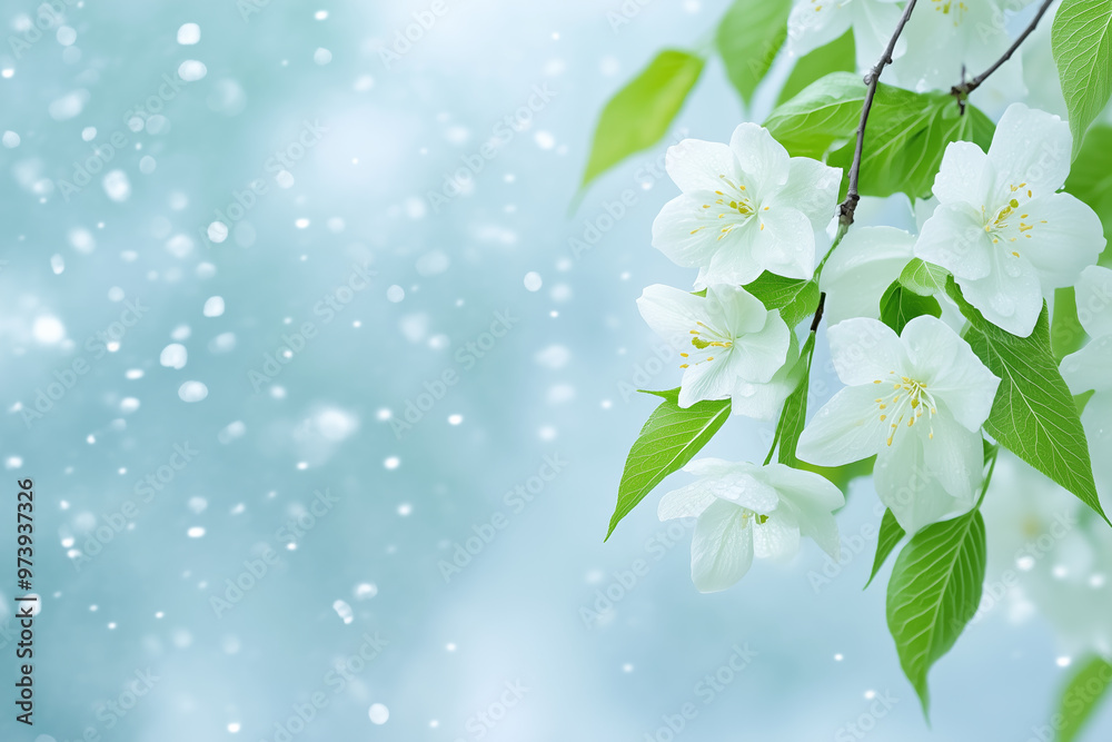 Beautiful white blossoms surrounded by soft snowfall in a serene blue background during winter Beautiful white blossoms surrounded by soft snowfall in a serene blue background during winter