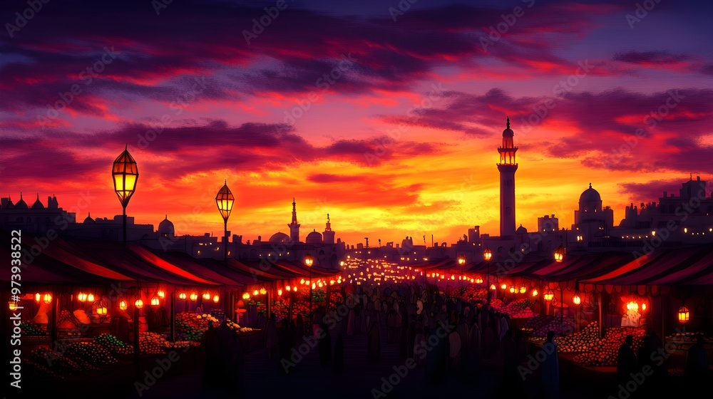 Naklejka premium Sunset-lit Moroccan market, merchants selling bright spices and handwoven rugs, warm orange and purple sky, traditional lamps illuminating the scene, Watercolor