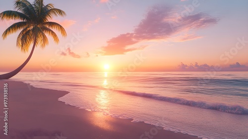 Sunset beach with palm trees bending in the breeze, gentle waves rolling over seashells on the shore, vibrant sky blending pink and orange, Realism, High detail, Photo-realistic