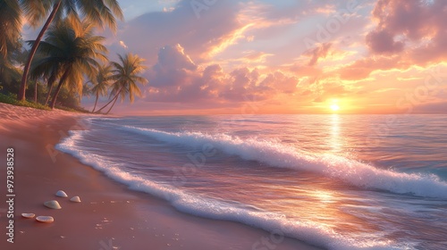 Sunset beach with palm trees bending in the breeze, gentle waves rolling over seashells on the shore, vibrant sky blending pink and orange, Realism, High detail, Photo-realistic