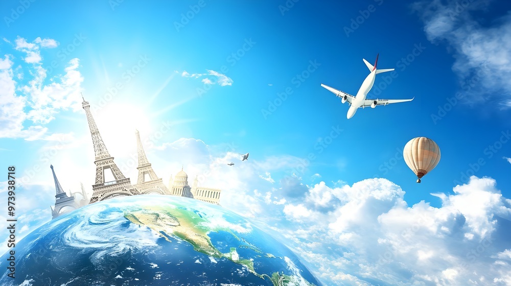 Obraz premium A vibrant illustration of travel, showcasing the Earth, iconic landmarks, aircraft, and a hot air balloon under a blue sky.