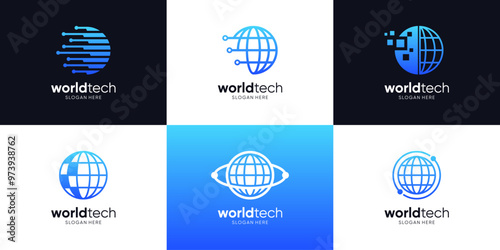 Set of global tech logo design template.Modern circle globe logo vector illustration.