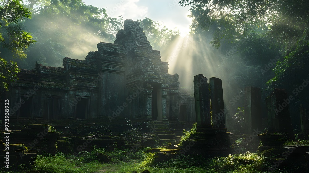 Ruins of an ancient temple, shrouded in jungle fog, with broken statues and intricate stonework reclaimed by nature, dappled sunlight breaking through Ruins of an ancient temple, shrouded in jungle fog, with broken statues and intricate stonework reclaimed by nature, dappled sunlight breaking through