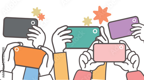 スマートフォンで撮影する群衆のイラスト