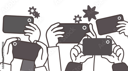 スマートフォンで撮影する群衆のイラスト