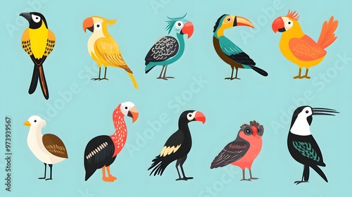 Colorful Cartoon Birds in Various Poses