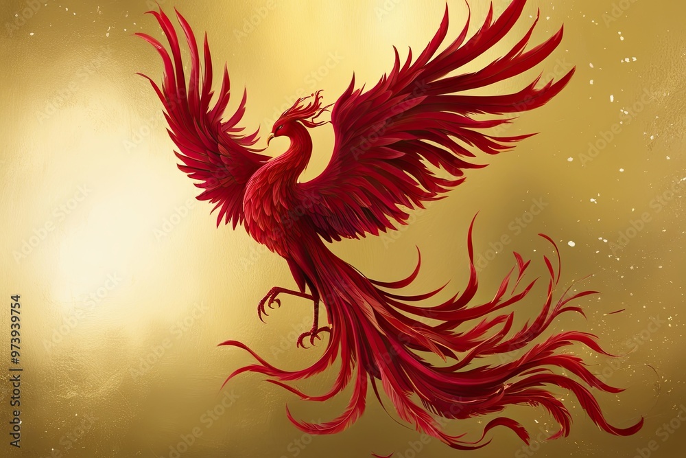 Obraz premium Crimson Phoenix Rising Against Golden Background Symbolizing Renewal and Celebration