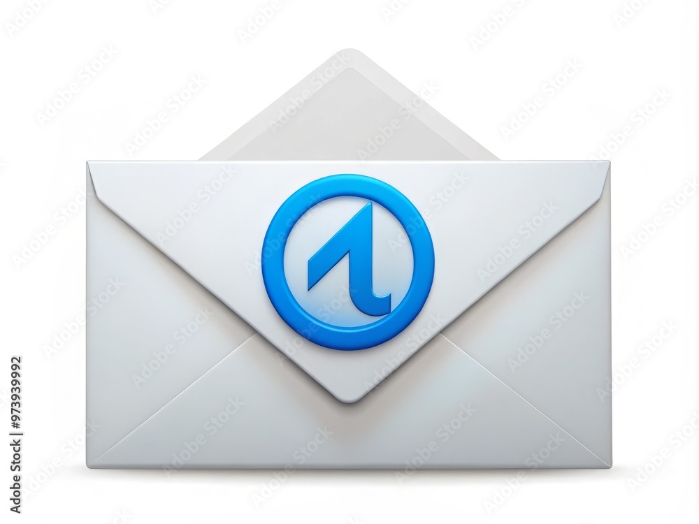 A sleek, modern, white envelope with a blue @ symbol and an arrow pointing upwards, isolated on a A sleek, modern, white envelope with a blue @ symbol and an arrow pointing upwards, isolated on a