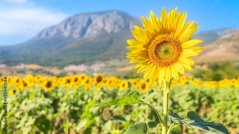 Fototapeta premium A vibrant sunflower stands tall against a picturesque mountain landscape, surrounded by a field of blooming sunflowers under a blue sky.