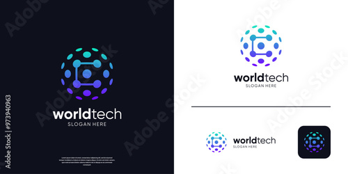 Modern tech letter C connection logo symbol global globe.