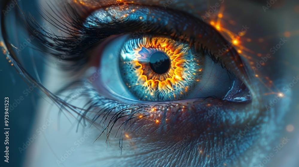 Close-up of a blue eye with fire and sparks around the pupil. Close-up of a blue eye with fire and sparks around the pupil.
